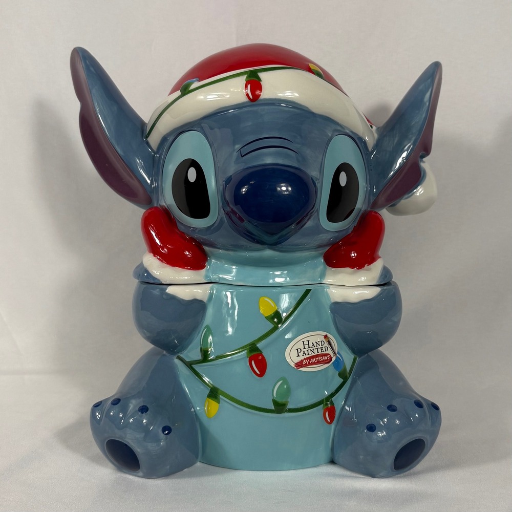 Disney Stitch Christmas Cookie Jar Hand Painted Ceramic Santa Hat Lights - Picture 1 of 12